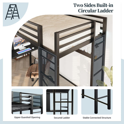 SUNLEI Loft Bed Full Size with Desk and Safety Guard Rail, Full Size Metal Bed Frame with Double Layer Shelves for Storage, No Box Spring Needed and 2 Security Ladders, Black