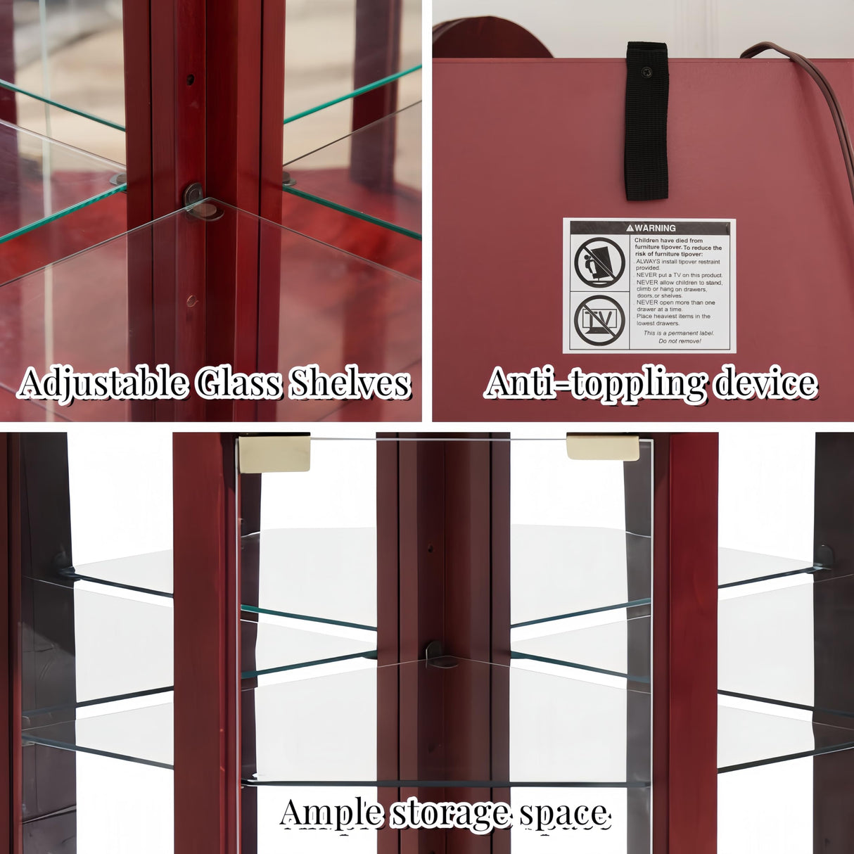 Lighted Corner Display Curio Cabinet Wooden Shelving Unit with Tempered Glass Door, Bar and Liquor Storage Area with 5 Shelves, Wine Cabinet with Curved Top Carving, Cherry CQSXDA