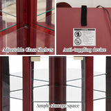 Lighted Corner Display Curio Cabinet Wooden Shelving Unit with Tempered Glass Door, Bar and Liquor Storage Area with 5 Shelves, Wine Cabinet with Curved Top Carving, Cherry CQSXDA
