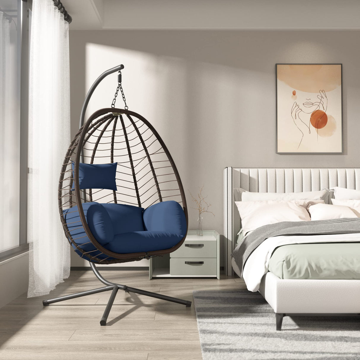 ALAULM Egg Swing Chair Outdoor Indoor Wicker Rattan Hanging Chair with Stand 350lbs Capacity w/Strong Frame & Dark Blue Cushions for Patio Balcony Bedroom ALAULM