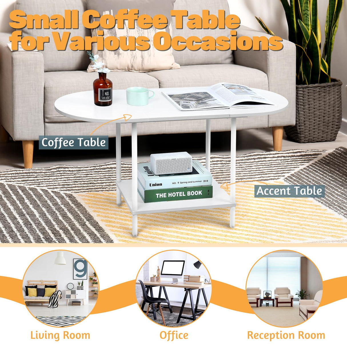 White Coffee Tables for Living Room,2-Tier Small Coffee Table Industrial Modern Oval Center Table with Storage Shelf and Wood Tabletop,for Small Space,Home Office Shinoske