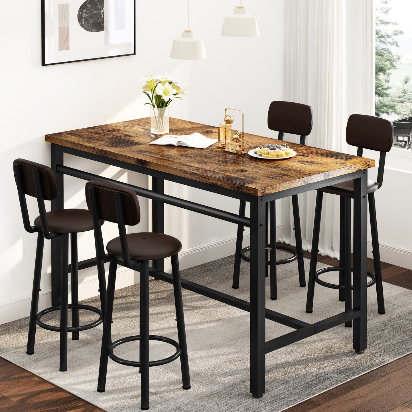 Lamerge Industrial Wood Bar Table Set with 4 Ergonomic Chairs - Space-Saving Kitchen Dining Furniture - WoodArtSupply