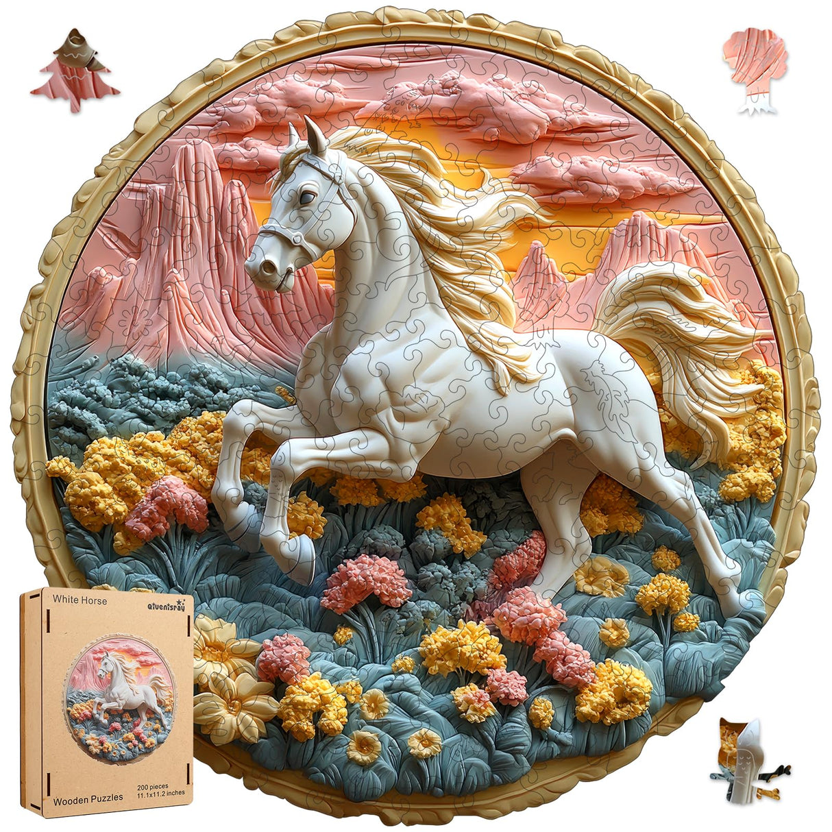 Wooden Puzzle for Adults 500 Piece - 3D Vision Effect Galloping White Horse Wooden Puzzle Unique Shape Advanced Wooden Jigsaw Puzzle, Wood Puzzles, Challenge Wooden Jigsaw Puzzle(16.3 x 16.5 in) Qiuenisray