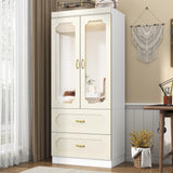 75" Tall 2 Doors Armoire Wardrobe Closet with Mirrors and LED Lights,Freestanding White Wardrobe Armoire for Bedroom with Drawers and Hanging Rod,Modern Armoire Storage Cabinet(2 Doors with Mirrors) jiteentarou