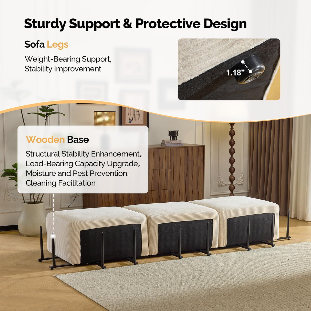 VINGLI 112.2“ Convertible Corduroy Cloud Sectional Couches with Movable Ottoman, L-Shaped Boneless Couches for Living Room with Deep Seat, 3 Seater Modular Spineless Sofa, No Assembly Required, Cream VINGLI