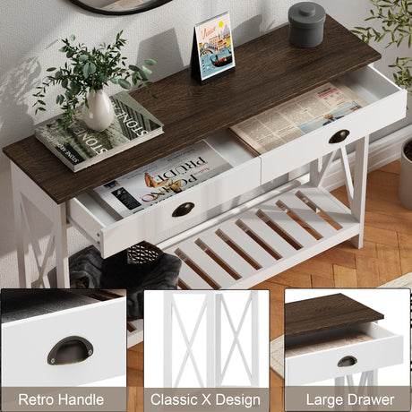 ChooChoo 47" Farmhouse Console Table with Drawer for Entryway, Narrow Long Entry Table with Shelf for Living Room, Rustic Vintage Hallway Sofa Table with Stable X Supports, White ChooChoo