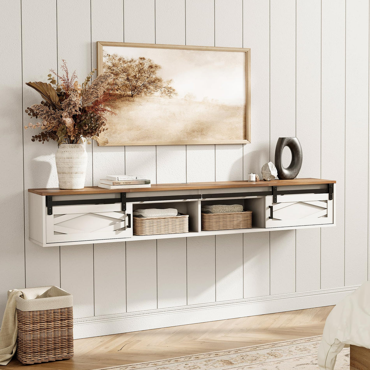 FITUEYES Floating TV Stand for TVs up to 85 Inch, Wood Entertainment Center With Sliding Barn Door, TV Shelf Media Console Table for Living Room, Bedroom, Antique White FITUEYES