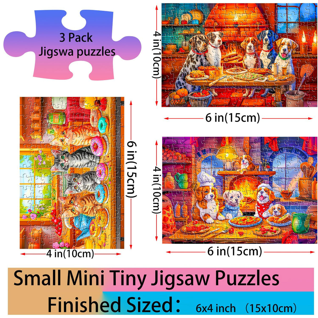 Small Jigsaw Puzzles for Adults 150 Pieces Kitchen Puppy & Kitten Mini Jigsaw Puzzles Challenging Mini Puzzles Tiny Jigsaw Puzzles 6 x 4 Inches, 3 Pcs,Mini Easel Included BJscoe