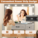 Greenvelly Makeup Vanity with Lights, Grey Farmhouse Vanity Desk with Lighted Mirror, 3 Lighting Modes, Brightness Adjustable, Dressing Table with Drawers, Vanitys Table Set for Women, Girls Greenvelly
