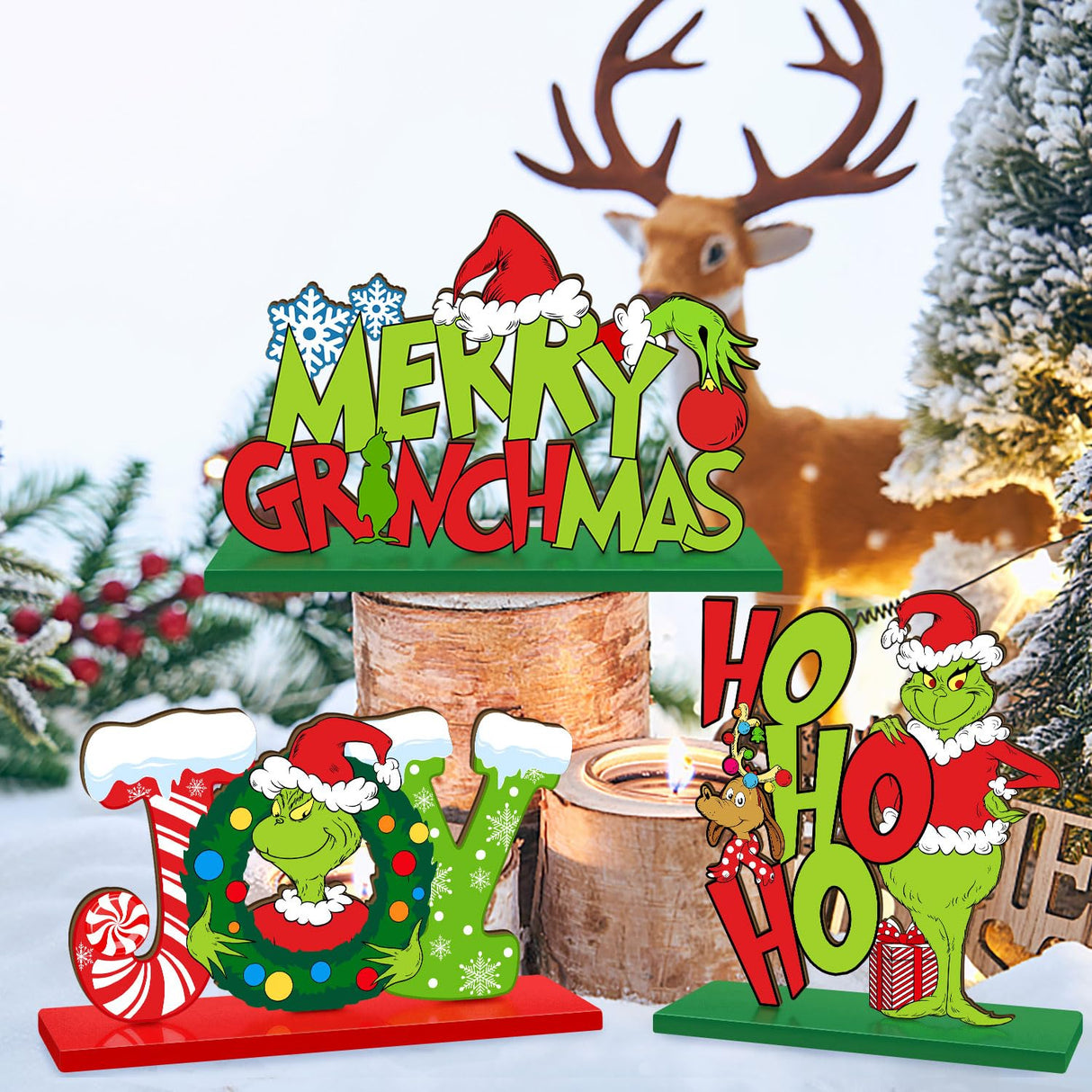 3 Pieces Christmas Table Signs Decorations, Merry Christmas Wooden Centerpiece Ornaments, Joy Wood Desktop Signs Decor for Kitchen Home Winter Whoville Xmas Holidays Theme Party Supplies CIOEY