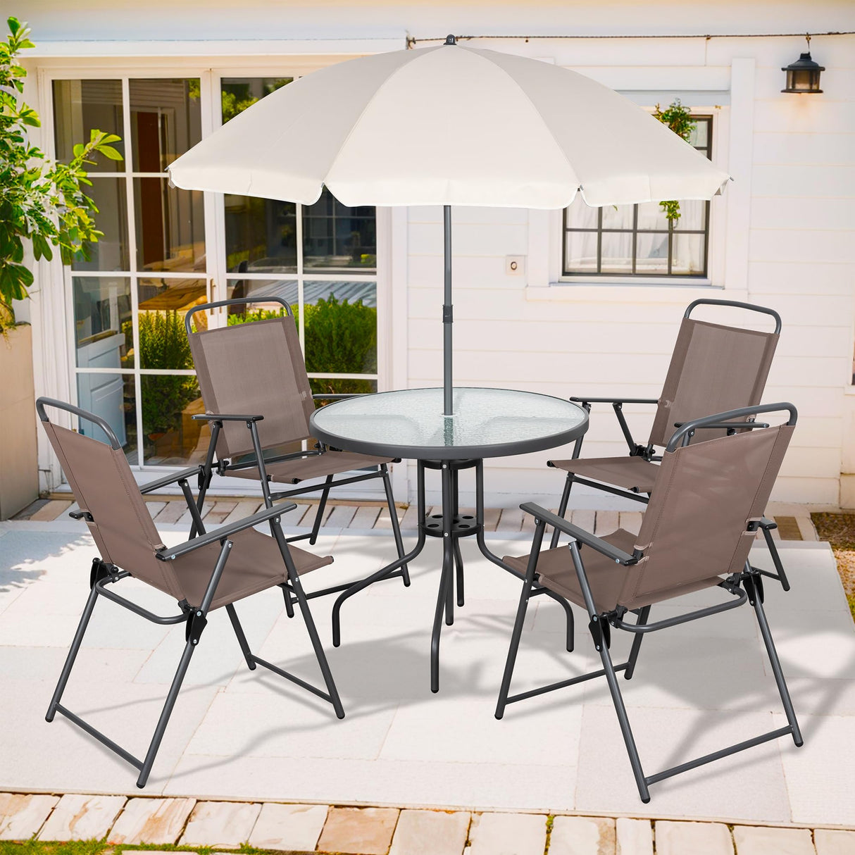 Shintenchi 6 Piece Patio Dining Set with Umbrella, Outdoor Furniture Set with 4 Folding Chairs and Tempered Glass Top Dining Table fot Lawn Backyard Garden Porch Brown and Beige Shintenchi