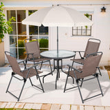 Shintenchi 6 Piece Patio Dining Set with Umbrella, Outdoor Furniture Set with 4 Folding Chairs and Tempered Glass Top Dining Table fot Lawn Backyard Garden Porch Brown and Beige Shintenchi
