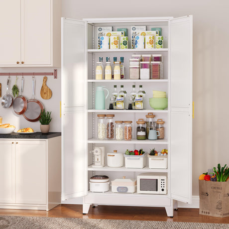 Metal Pantry Cabinet with 2 Doors and 5 Adjustable Shelves, 75" Kitchen Storage cabinets with Gold Handles, Versatile Storage for Laundry Room, Living Room, Bathroom, Dinning Room, Utility Room-White winiowa