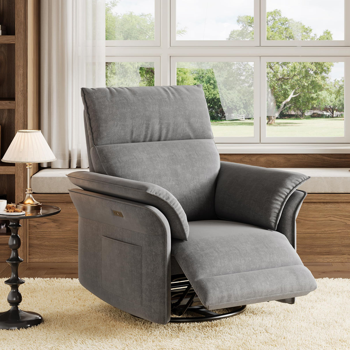 GAOMON Power Recliner Chair Swivel Glider Faux Leather Upholstered Nursery Rocker Reclining Sofa Chair with Charging Port, Curved Armrests & Padded Backrest for Living Room and Bedroom (Dark Gray) GAOMON