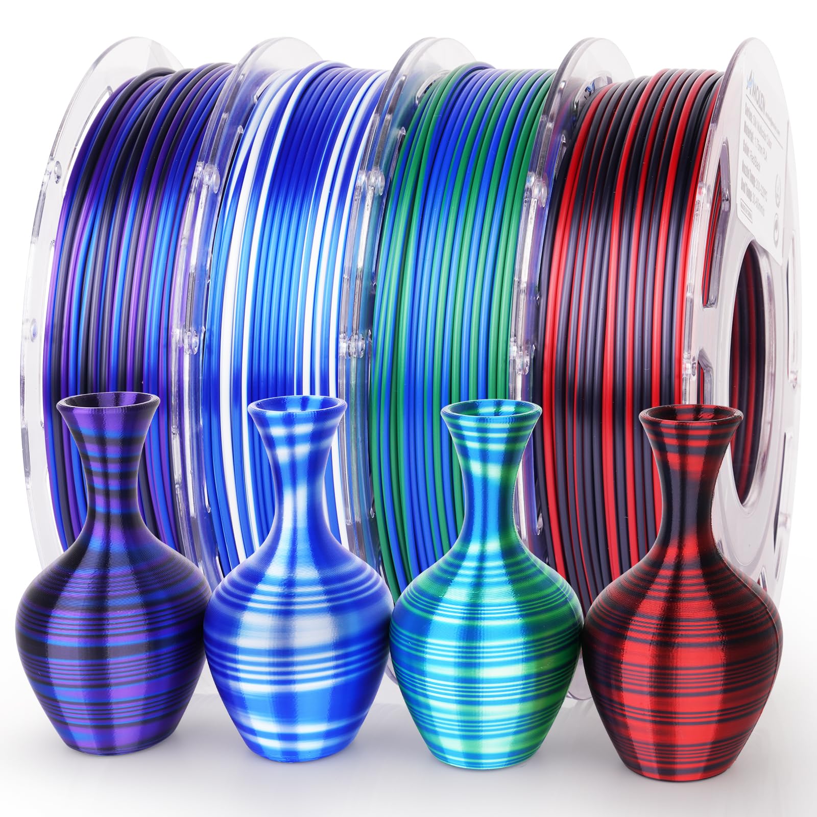 AMOLEN Silk PLA 3D Printer Filament Bundle, Multicolor Rainbow PLA 1.75mm, Shiny Fast Color Change PLA Irregular Stripes 3D Printing Filament for Most FDM 3D Printer, 200g X 4 Spools - WoodArtSupply