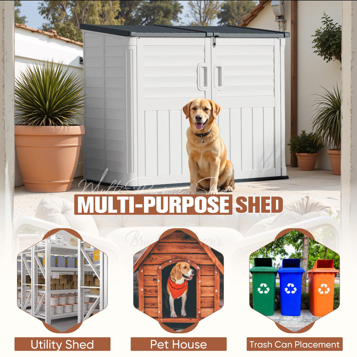 TUOZE 34 Cu Ft Resin Storage Shed with 2 Shelves, Waterproof Outdoor Storage Cabinet with Sloping Roof & Lockable Lid for Garden Tools, Trash Cans (Beige) Tuoze