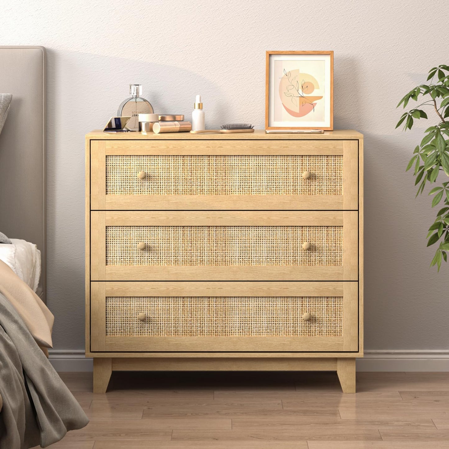 3 Drawer Rattan Dresser for Bedroom, Modern Natural Wooden Dresser, Beside Table for Closet, Boho Nightstand Chests of Drawers for Bedroom, Living Room, Entryway, Hallway