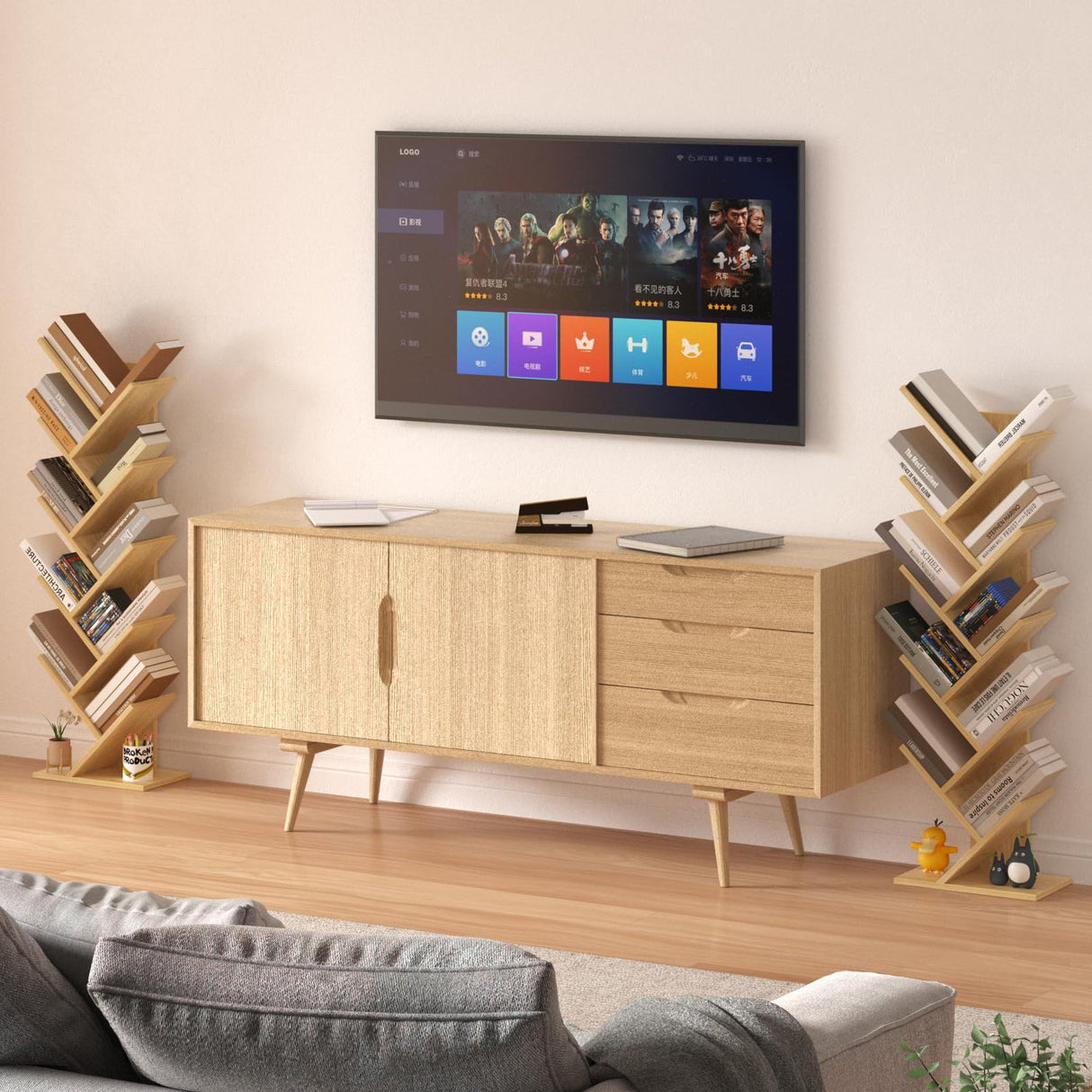 SHEEPAM 10 Tier Tree Book Shelf, Floor Standing Wood Bookshelf for Narrow Space, Storage Organizer Bookshelves for Books/CDs/Magazine, Bookcase with Shelves for Home Office, Living Room - Natural SHEEPAM