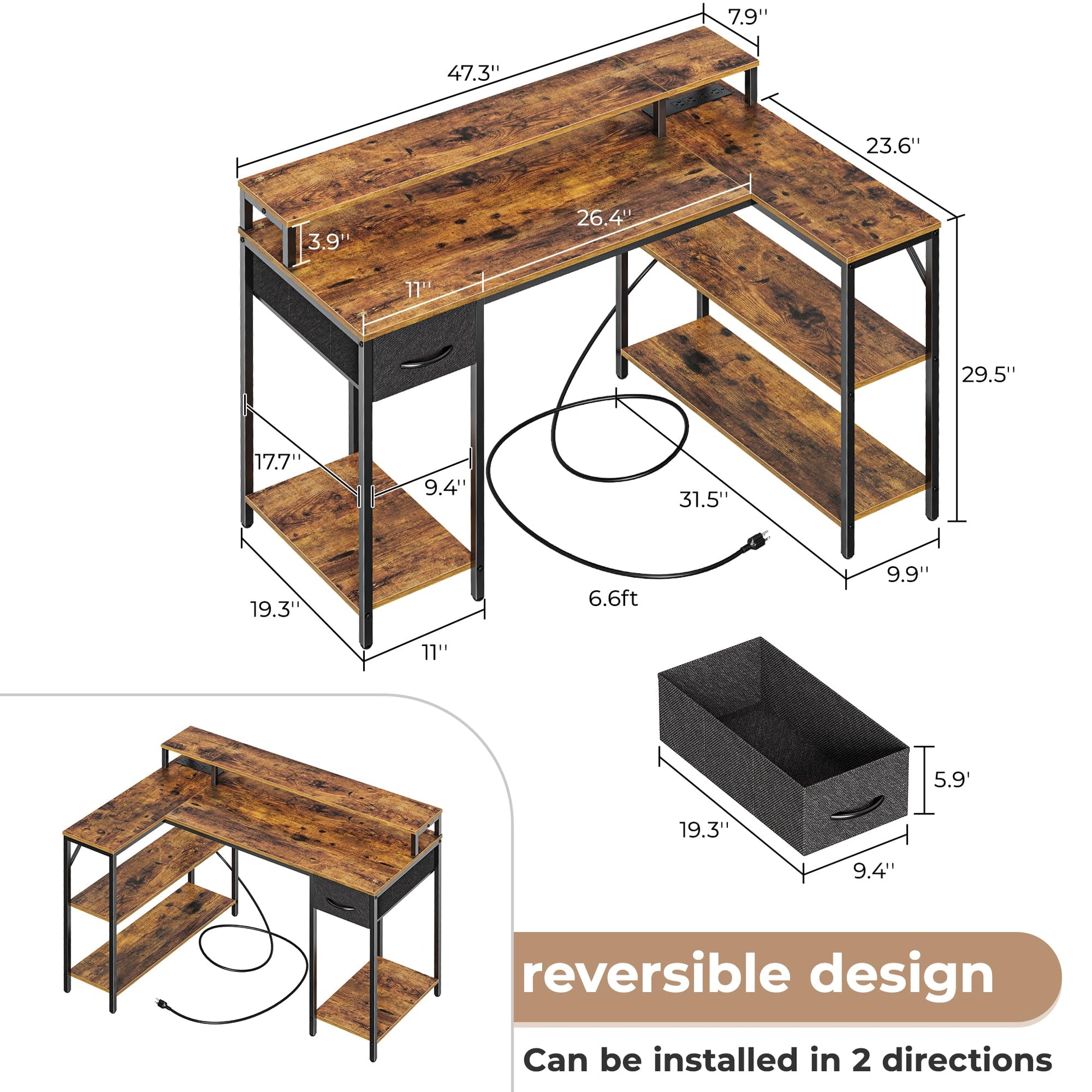 SUPERJARE L Shaped Gaming Desk with LED Lights & Power Outlets, Reversible Computer Desk with Shelves & Drawer, Corner Desk Home Office Desk, Rustic Brown, 7035ZC - WoodArtSupply