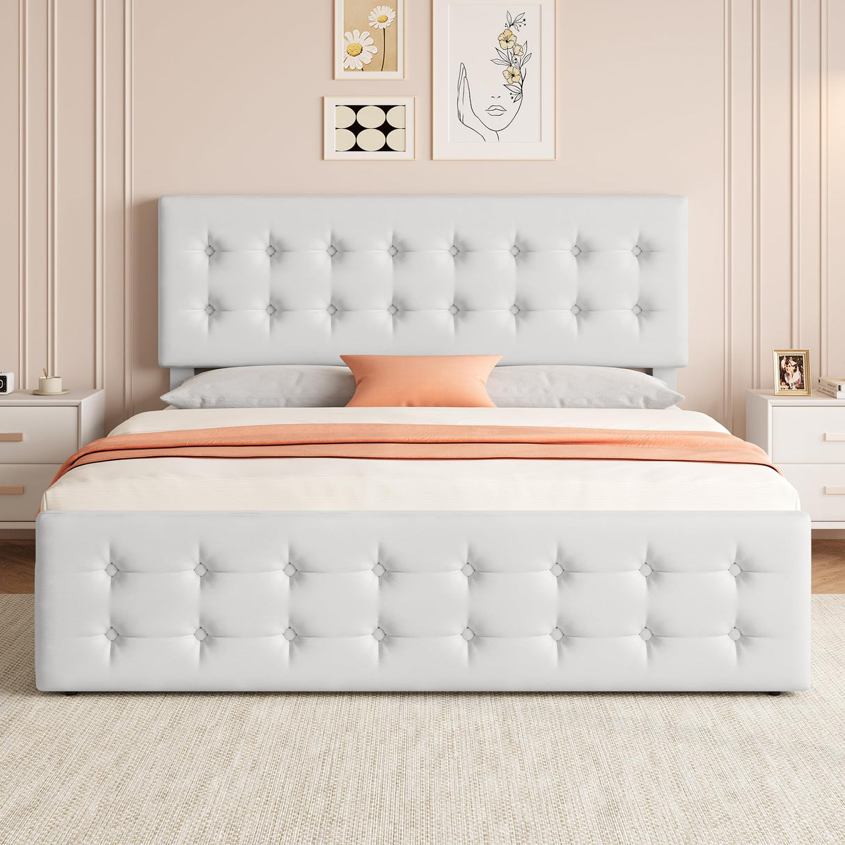 IDEALHOUSE King Size Bed Frame with 4 Storage Drawers and Headboard, Faux Leather Upholstered Platform Bed Frame with Wooden Slats Support, Button Tufted Design, No Box Spring Needed, White IDEALHOUSE