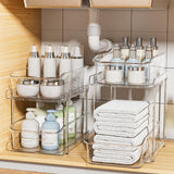Delamu 2-Tier Under Sink Organizers and Storage, Multi-Purpose Stackable Bathroom Cabinet organizers, Pull Out Kitchen Pantry Organization and Storage with Dividers(2 Pack, Clear) Delamu