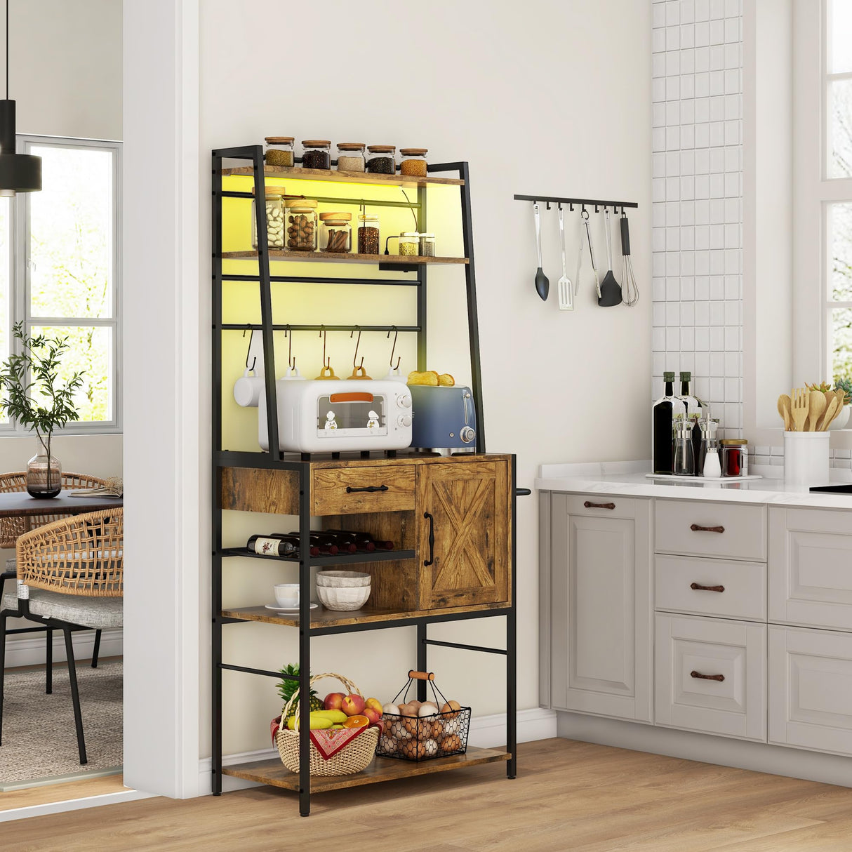 HOMCOM Industrial Baker's Rack with LED Lighting, Power Outlets, and Wine Storage HOMCOM