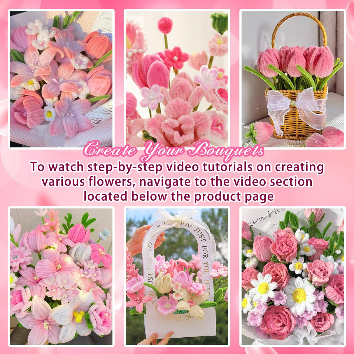MACIOZE 600 Pcs Pink Pipe Cleaners Craft for Flowers, Pastel Chenille Stems for DIY Art Projects Creative Gift(6 Colors), Bulk Fuzzy Pipe Cleaner Flower Kit, Ideals for Party Decor (Pink Flower) MACIOZE