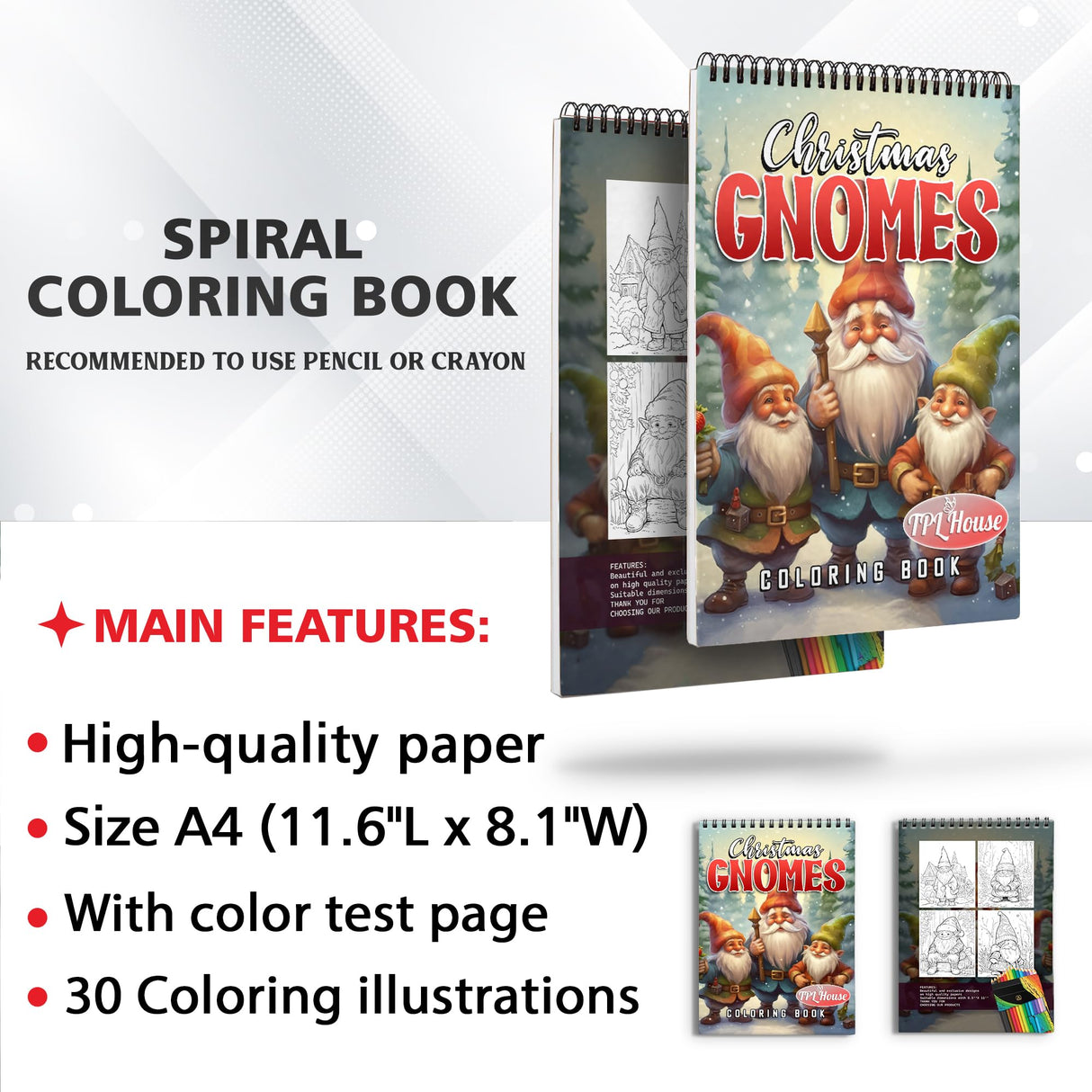 TPLHOUSE Gnomes Christmas Coloring Book Spiral Bound for Adults, Softcover, 30 Enchanting Coloring Pages of Gnome in Xmas Holiday for Stress Relief and Relaxation TPLHOUSE