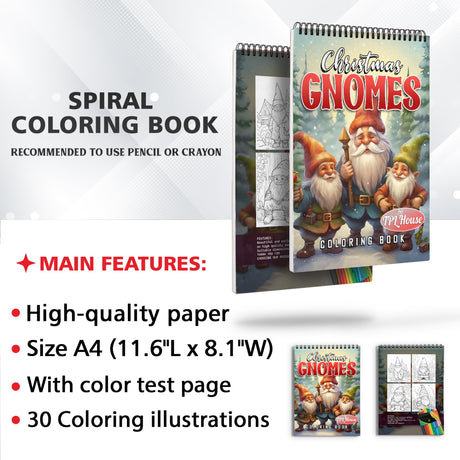 TPLHOUSE Gnomes Christmas Coloring Book Spiral Bound for Adults, Softcover, 30 Enchanting Coloring Pages of Gnome in Xmas Holiday for Stress Relief and Relaxation TPLHOUSE