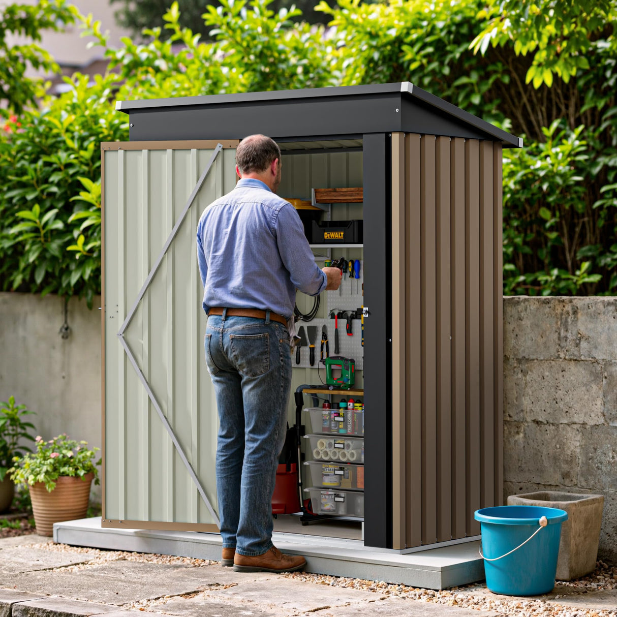 Greesum 5×3FT Outdoor Storage Shed, Metal Patio Storaged Sheds with Lockable Doors, Sheds & Outdoor Storage for Bike, Backyard, Pool and Garden, Brown Greesum