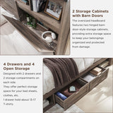 ACCOHOHO Farmhouse Queen Size Bed Frame with 52" High Storage Bookcase Headboard and 4 Drawers,Wooden Bed Frame with LED Light and Charging Station,Light Brown ACCOHOHO