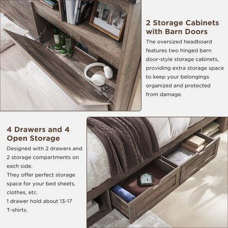 ACCOHOHO Farmhouse Queen Size Bed Frame with 52" High Storage Bookcase Headboard and 4 Drawers,Wooden Bed Frame with LED Light and Charging Station,Light Brown ACCOHOHO