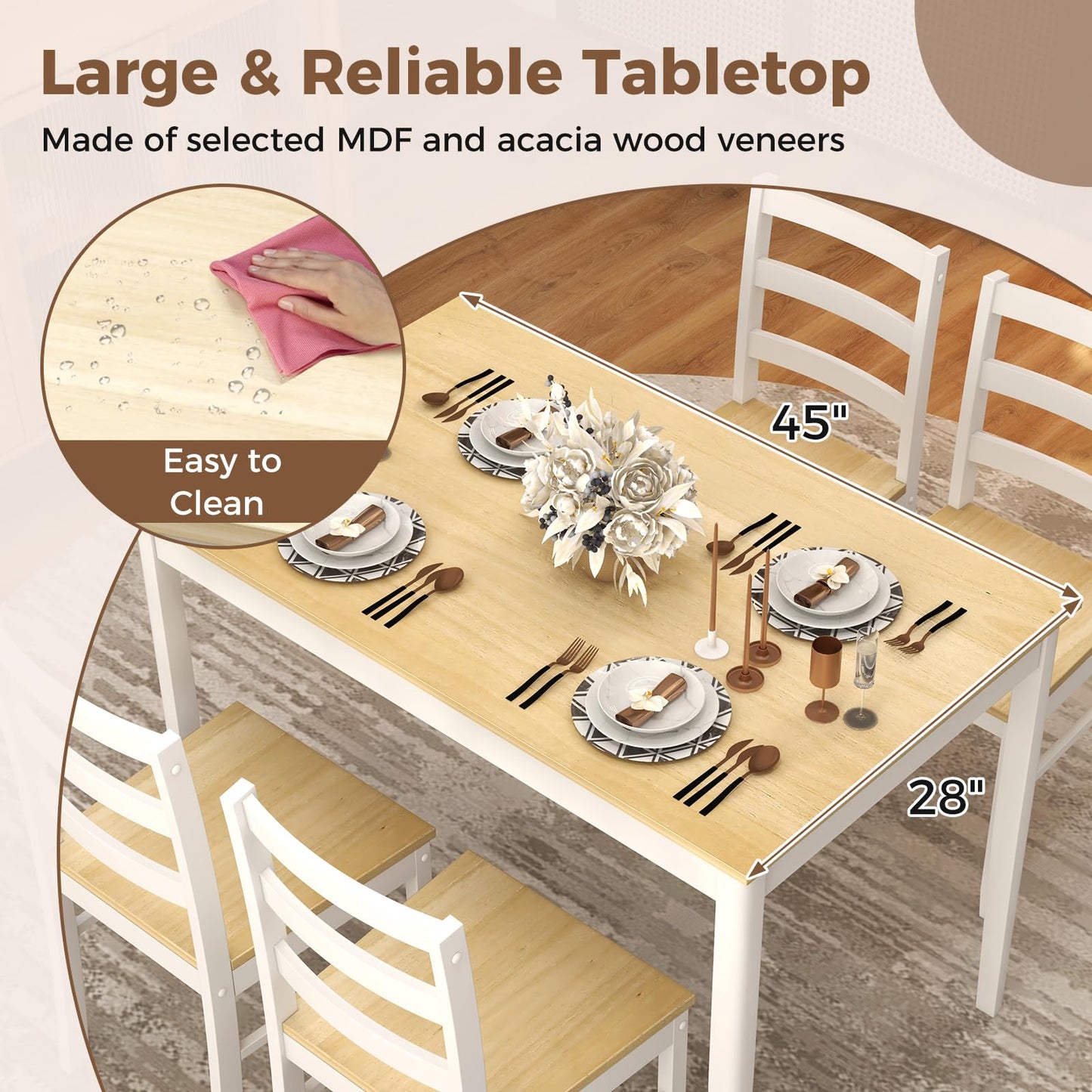 COSTWAY Dining Table Set for 4, Wood Kitchen Table Chairs Set with Rubber Wood Legs, Space-Saving Design, Modern 5-Piece Dinette Set for Small Place, Kitchen, Dining Room, Restaurant (Natural - WoodArtSupply