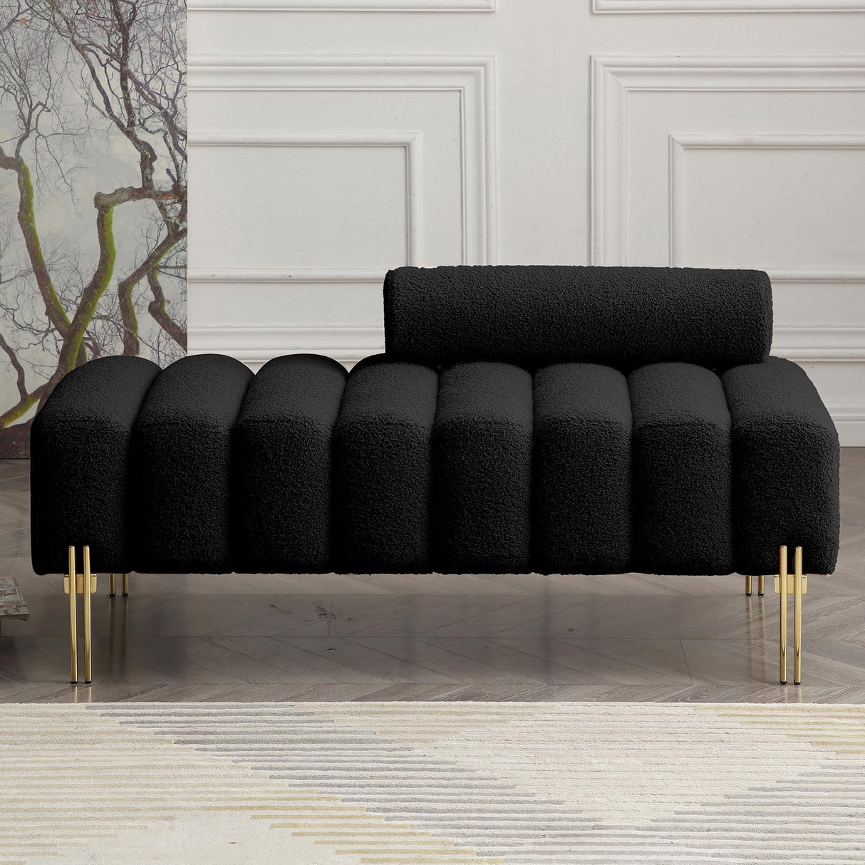NIOIIKIT 53.2" Modern Loveseat Sofa Couch, Upholstered Accent Sofa with Golden Legs and Adjustable Backrest, Small Teddy Fleece Couches for Bedroom, Living Room, Compact Small Space (Black) NIOIIKIT