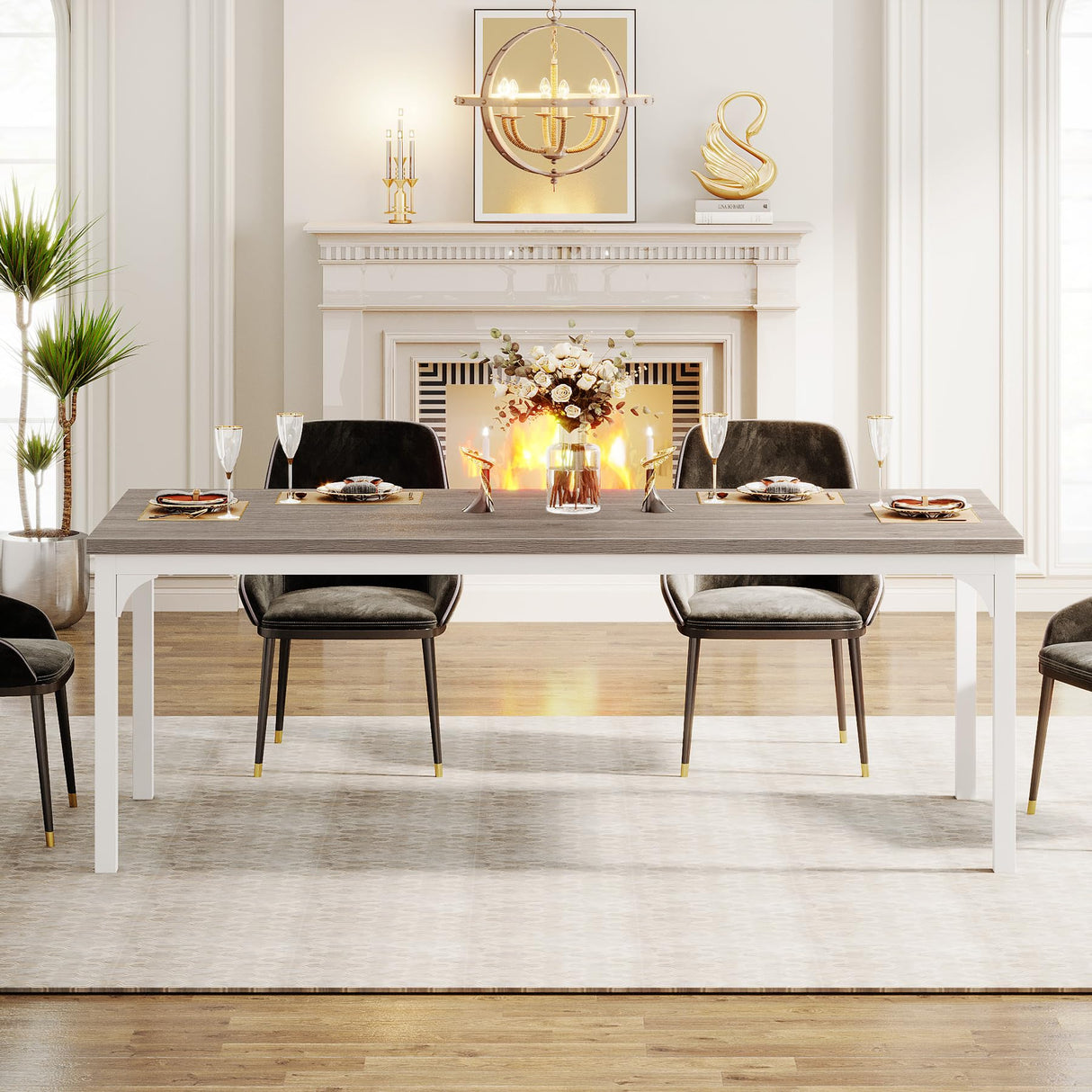 Tribesigns Farmhouse Dining Table for 6-8, 70.9 Inch Rectangular Wood Kitchen Table with Heavy Duty Metal Legs, Industrial Dinner Table for Dining Room, Living Room, Grey and White Tribesigns