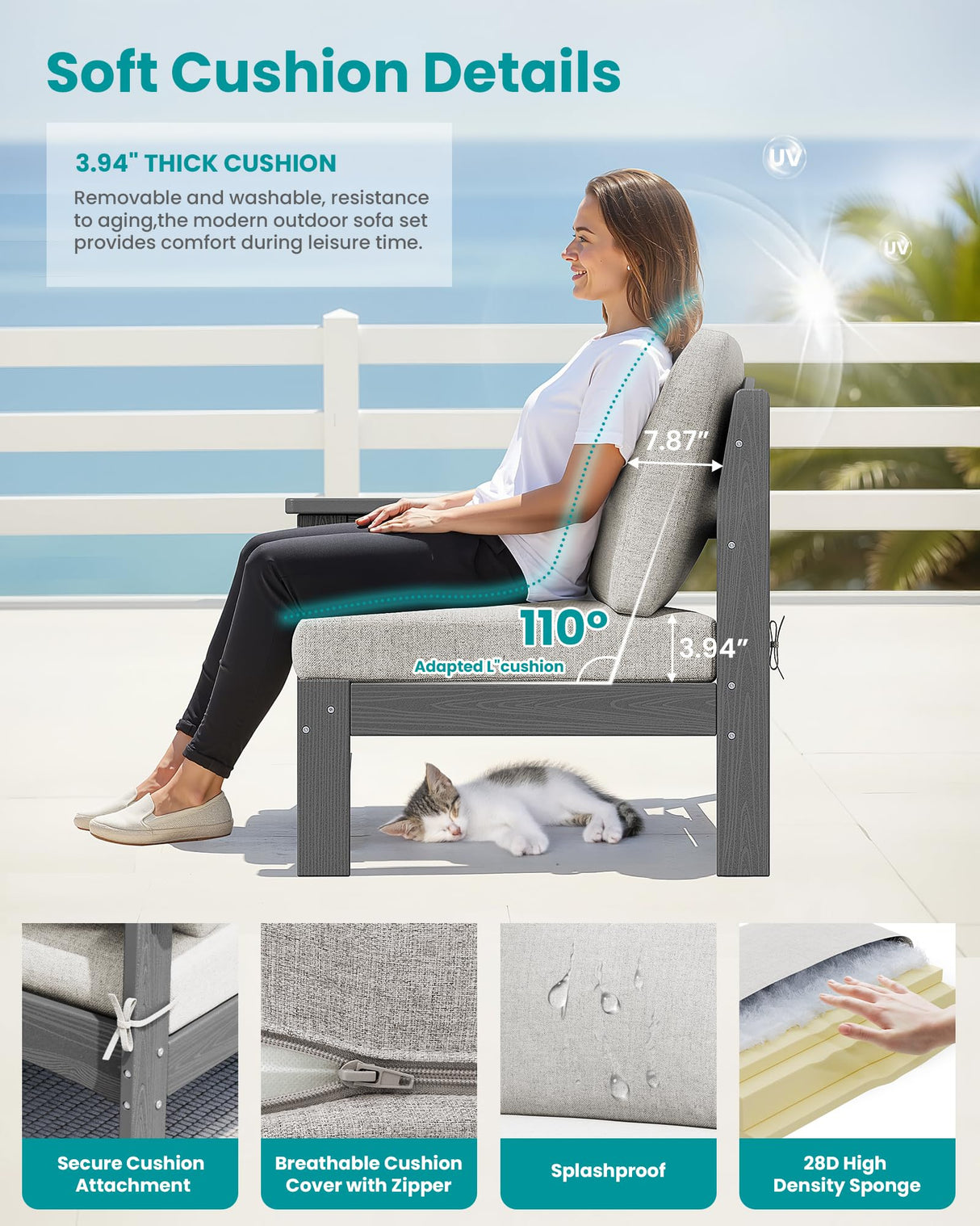 SERWALL 2 Pieces Patio Sofas, HDPE Outdoor Conversation Set with Cushions and Ottoman, Modular Sectional Patio Furniture for Backyard, Deck, Garden, Poolside, Grey Frame with Khaki Cushion SERWALL