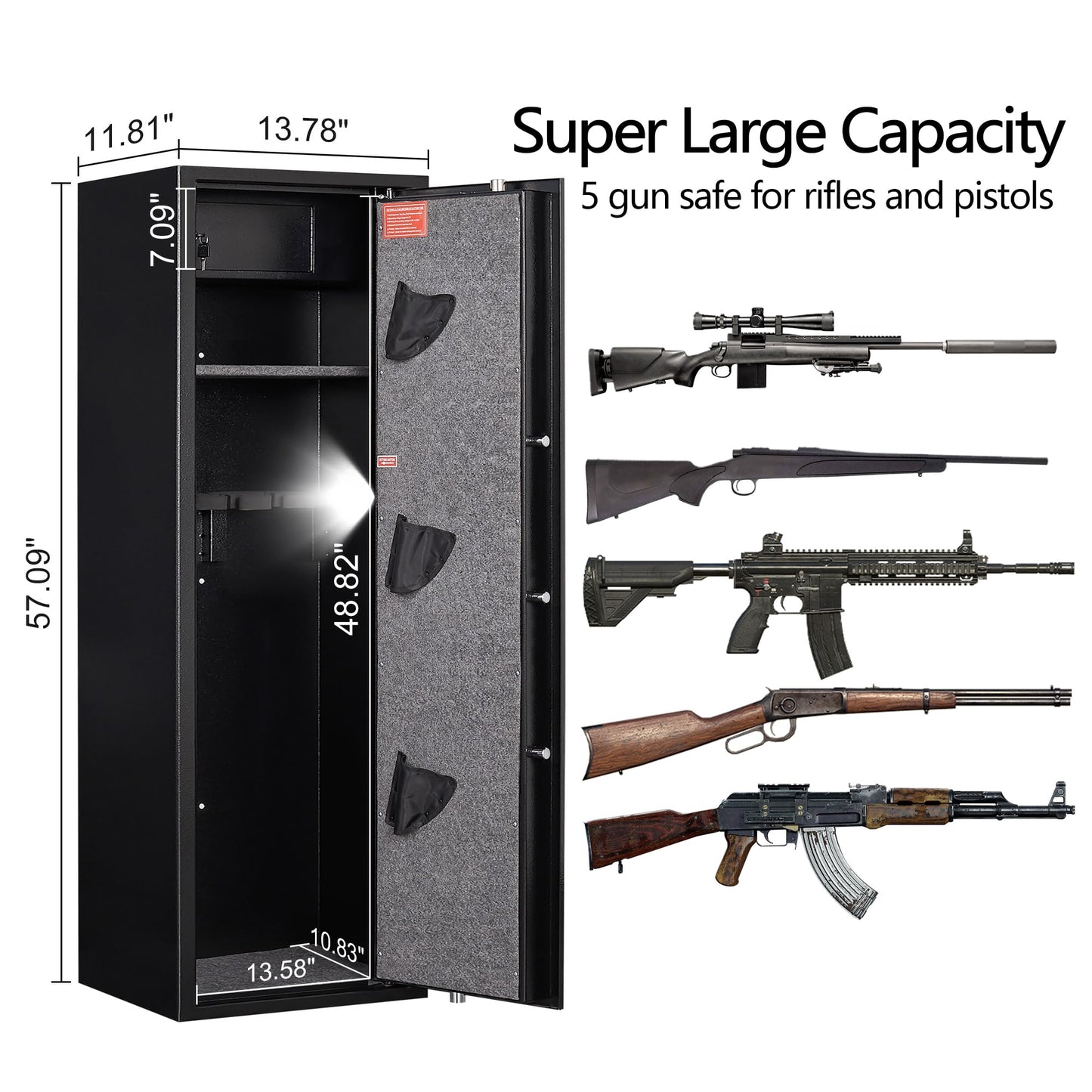 SHICHI 4-6 Gun Safe, Long Rifle Safe with Dual Alarm System, Biometric Quick Access Heavy-Duty Gun Cabinet, Shotgun Safe with Removable Shelf for Home, No Assembly Required, Fingerprint Lock