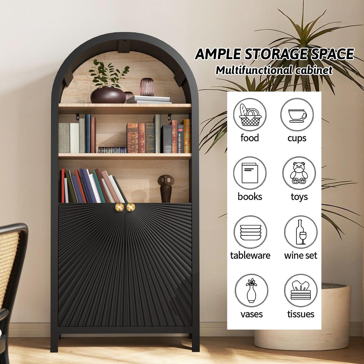 HIUU Tall Arched Bookcase,Rounded 5 Tier Bookshelf Wooden,Arched Kitchen Pantry Cabinet,Black Display Cabinet,Mid-Century Modern Book Case with Door,Black HIUU