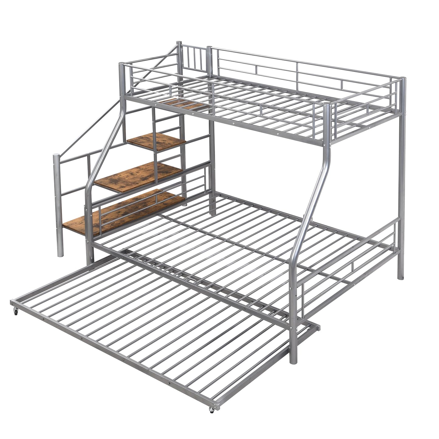 Ziraukon Twin Over Full Bunk Bed with Trundle and Stairs, Twin Over Full Size Metal Bed Frame with Storage and Safe Guardrails, Noise Reduced, No Box Spring Needed, Silver