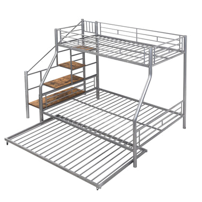 Ziraukon Twin Over Full Bunk Bed with Trundle and Stairs, Twin Over Full Size Metal Bed Frame with Storage and Safe Guardrails, Noise Reduced, No Box Spring Needed, Silver