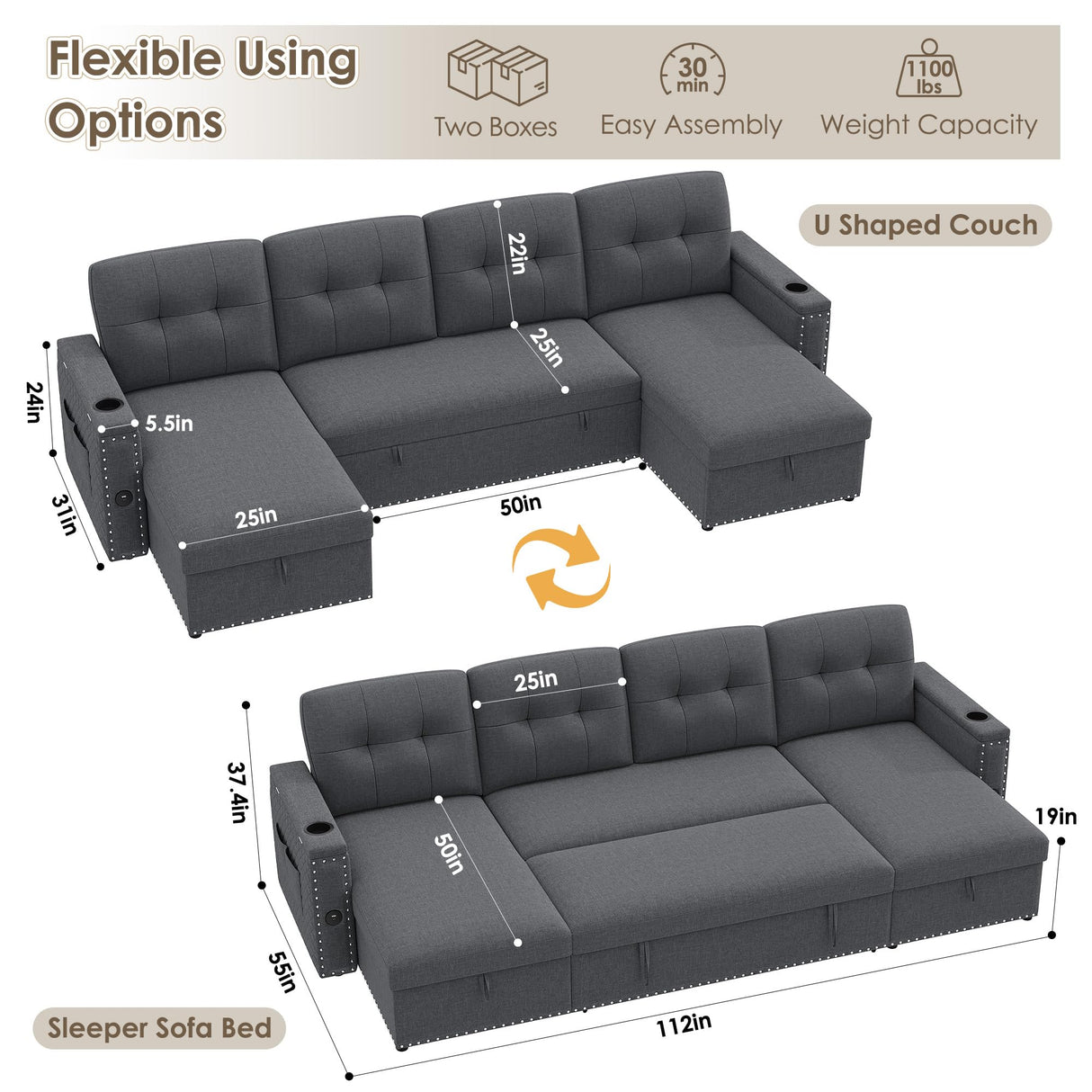 HIFIT 112" Sectional Couches for Living Room- Pull Out Sleeper Sofa Couch w/Storage Chaise,Storage Armrest,LED Light&USB Port&Cupholder, Modern Linen U Shaped Home Sofa Living Room Furniture Set, Grey HIFIT