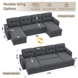 HIFIT 112" Sectional Couches for Living Room- Pull Out Sleeper Sofa Couch w/Storage Chaise,Storage Armrest,LED Light&USB Port&Cupholder, Modern Linen U Shaped Home Sofa Living Room Furniture Set, Grey HIFIT