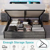 LUXOAK Queen Size Lift Up Storage Bed Frame with RGB LED Lights and Charging Station in Rustic Grey LUXOAK