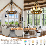 Farmhouse Wagon Wheel Chandelier 6-Light, Round Wood Chandelier with Seeded Glass Shade, Rustic Wood Chandeliers Hanging Pendant Light for Dining Room Living Room Kitchen Foye TEINIE