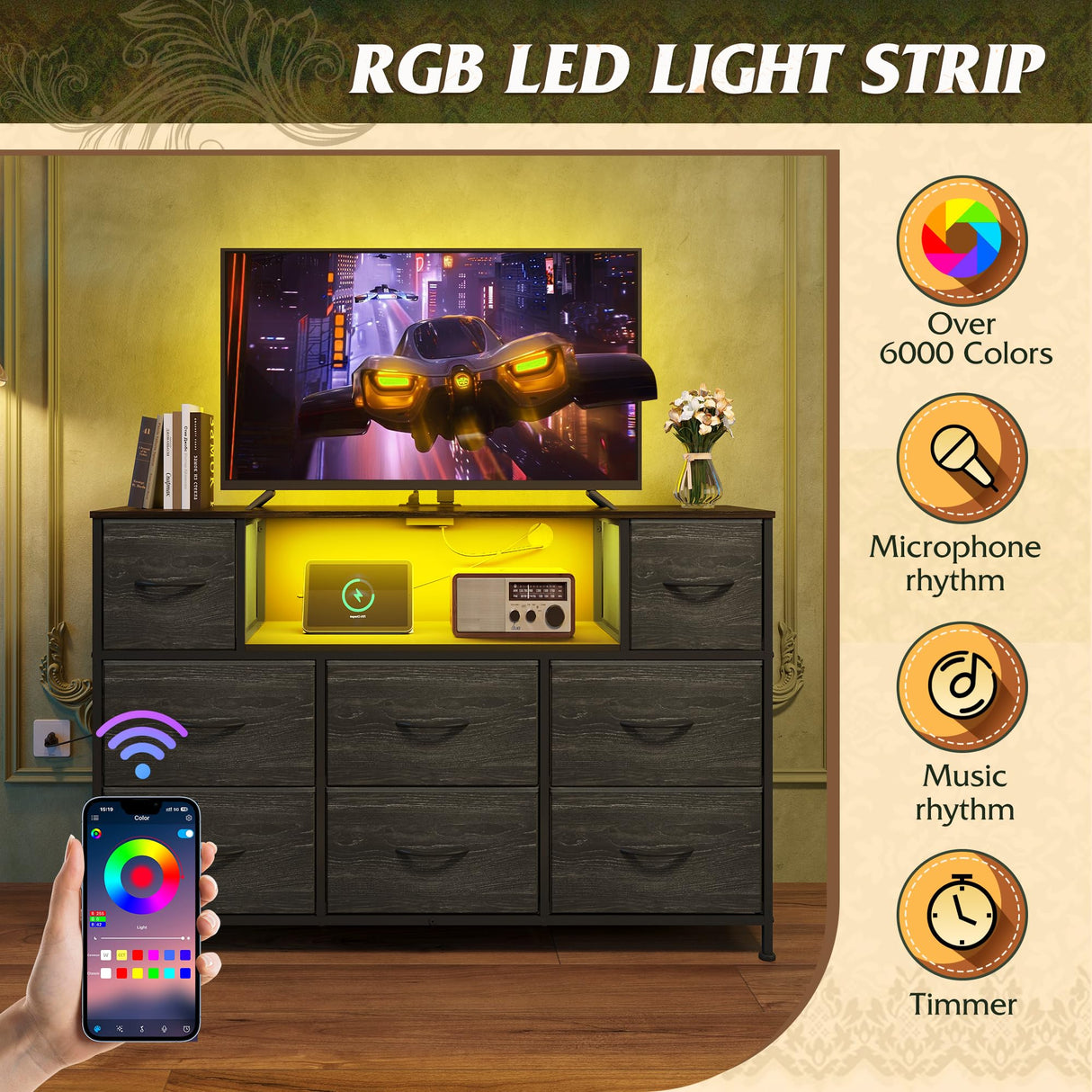 WLIVE Black Dresser for Bedroom, TV Stand for Bedroom for 55 inch TV with Charging Station and LED Lights, Fabric Chest of Drawers with Open Shelves, 8 Drawers Dressers for Living Room, Closet WLIVE