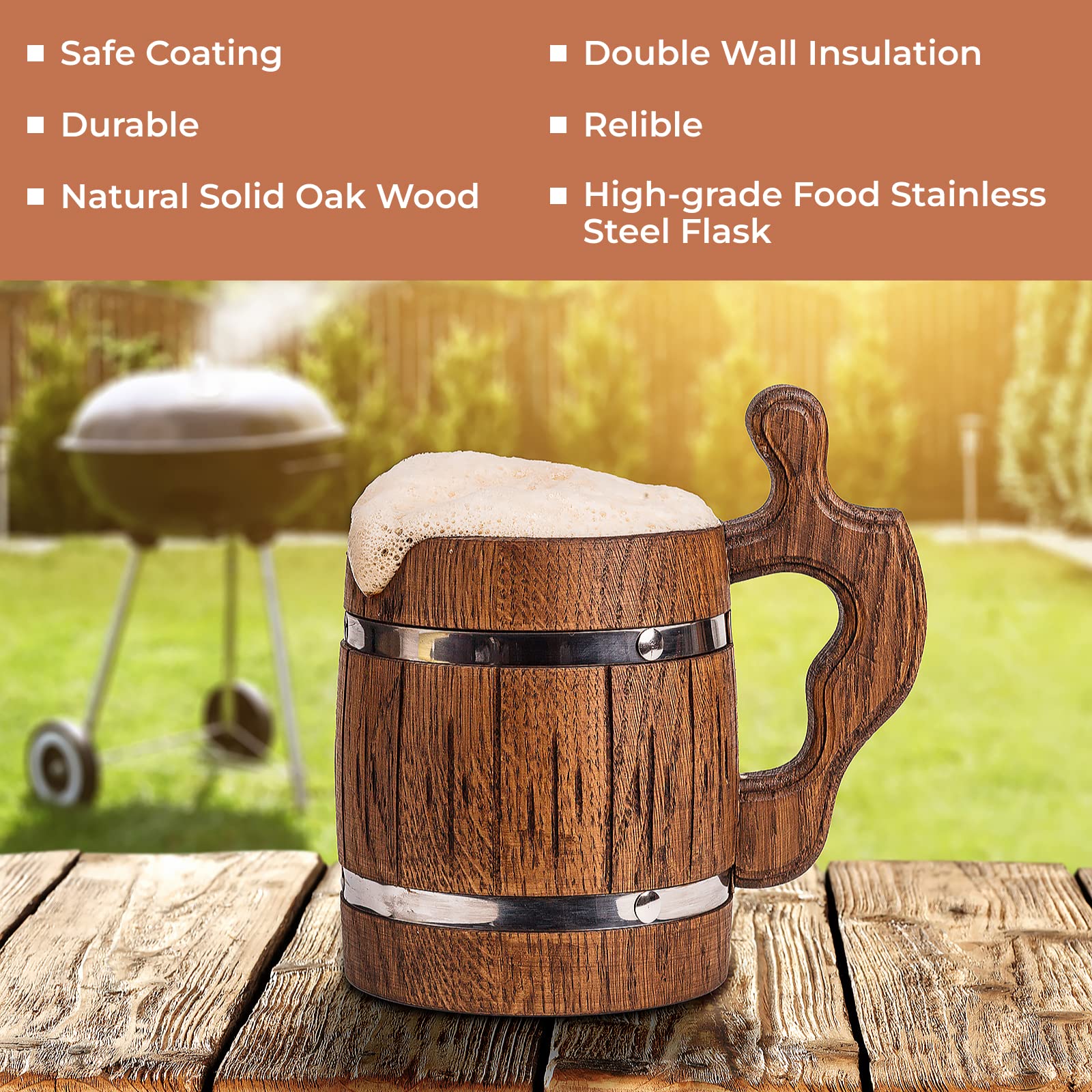 20 oz Handmade Wooden Rustic Beer Mug Real Oak Wood Stainless Steel Cup 600ml Brown - Etno Motif Wood Viking Beer Mug Stein - Beer Tankard Irish Retro Halloween Mugs - Cowboys Beer Mug - WoodArtSupply