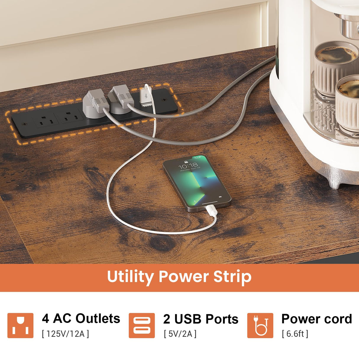 UPOSOJA Large Bakers Rack with Power Outlet, 62.4in Wide Kitchen Microwave Stand with Storage Shelves, 5-Tier Coffee Bar, Wine Rack, Goblet Holder, 8 Hooks, Wire Basket(Rustic Brown, Large) UPOSOJA