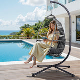 Foldable Hanging Egg Chair with Stand, HDPE Rattan and Heavy Duty Aluminum-Steel Frame, Outdoor Patio Wicker Swing Egg Chair with Headrest and Cushioned, 350 Lbs Capacity (Dark Grey) DAIJIA CHINA