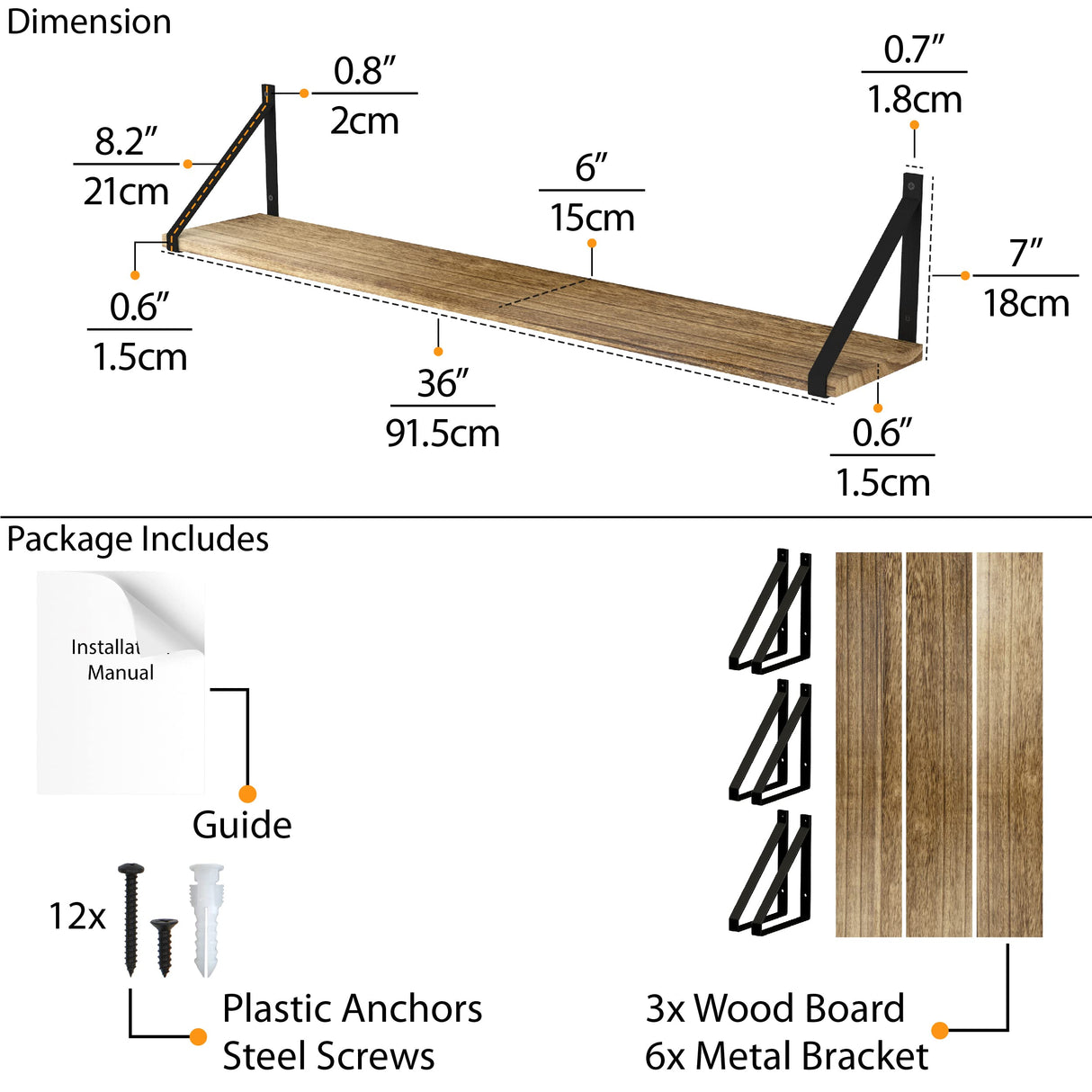 Wallniture Bora 36 Inch Large Floating Shelves for Wall Storage, Floating Bookshelf Set of 3, Burned Wood Wall Shelves for Books Wallniture