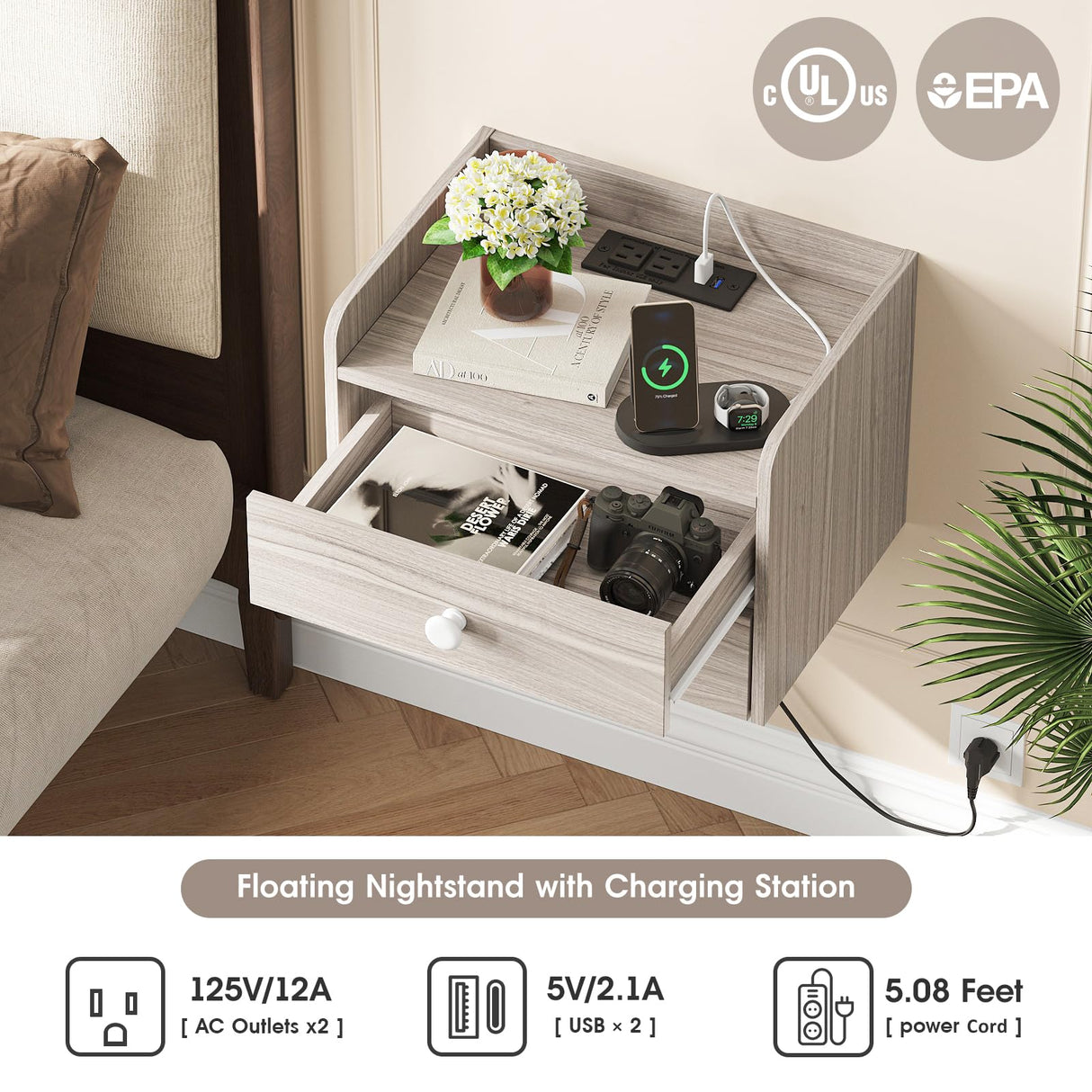 Floating Nightstand Set of 2 with 2 Storage Drawers and Charging Station Wood Wall Mounted Bedside End Table Modern Night Stands Set 2 for Bedroom,Living Room,Home Office,Small Space,Grey Vabches